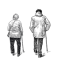 Piirroskuva vanhasta pariskunnasta kävelykeppien kanssa