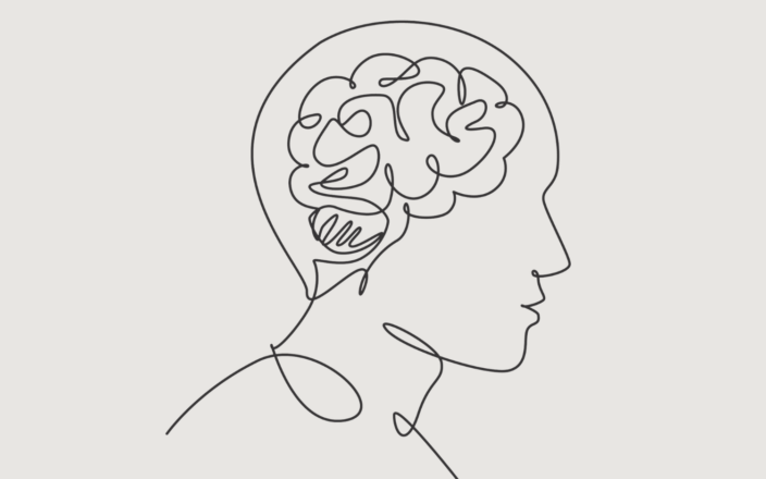 Viivapiirroskuva ihmisen päästä, jossa näkyvät aivot